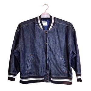 Old Navy Denim Bomber Jacket Mens XL Blue Good Striped Trim Snap Front Varsity